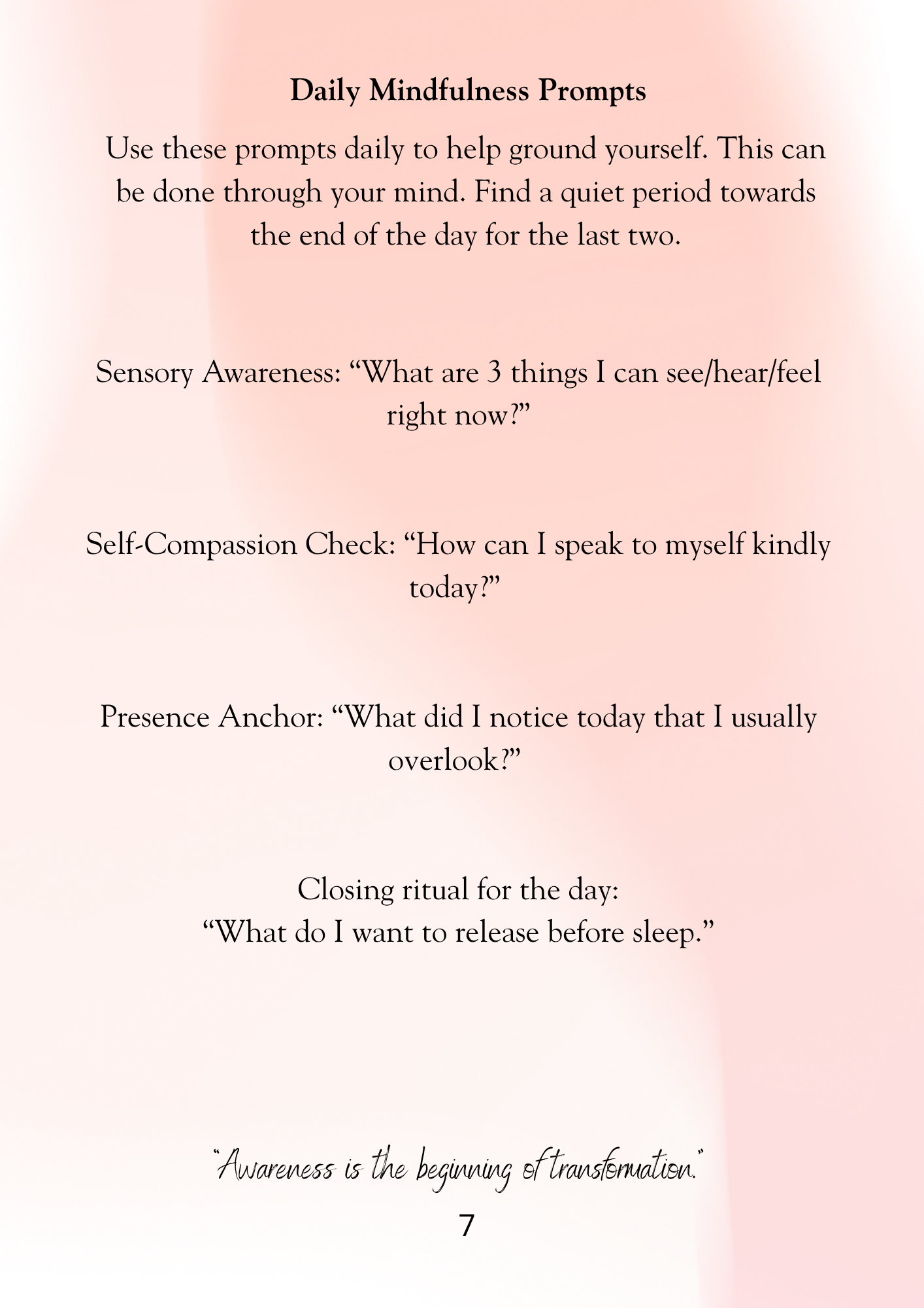 Daily mindfulness prompts on a pink and white gradient background