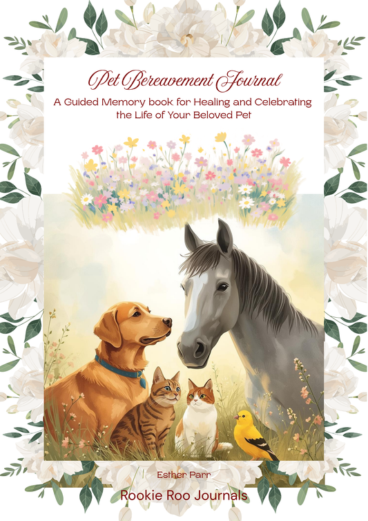 Book cover of 'Pet Bereavement Journal' with a dog, horse, and cats in a garden setting.