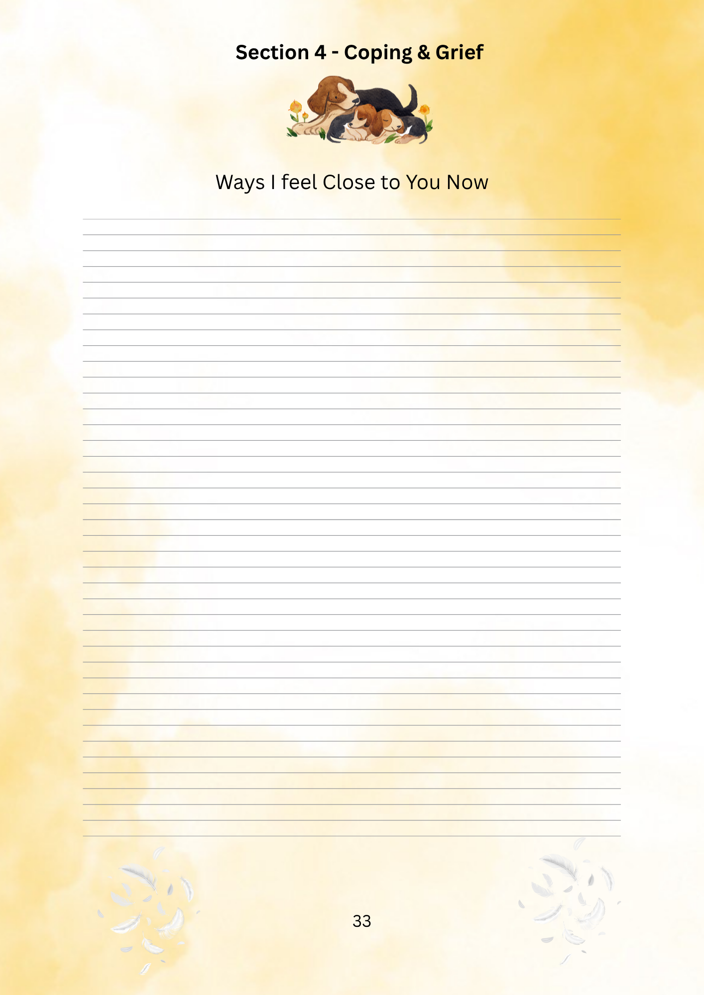 Notebook page with lined paper on a yellow gradient background, titled 'Section 4 - Coping & Grief'.