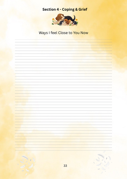 Notebook page with lined paper on a yellow gradient background, titled 'Section 4 - Coping & Grief'.