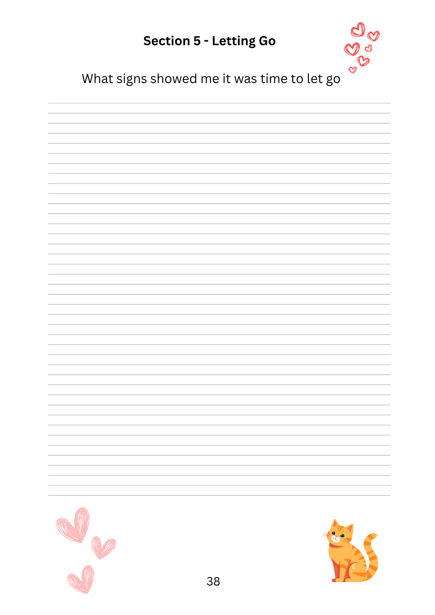 Lined paper with a cat illustration and text on a white background. Letting go and a small ginger cat