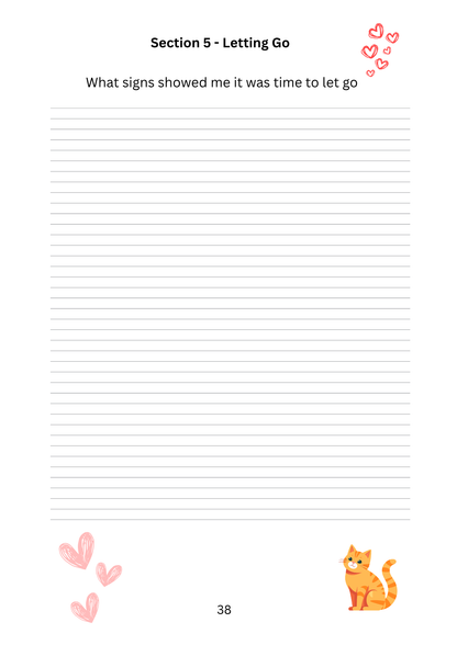 Lined paper with a cat illustration and text on a white background. Letting go and a small ginger cat