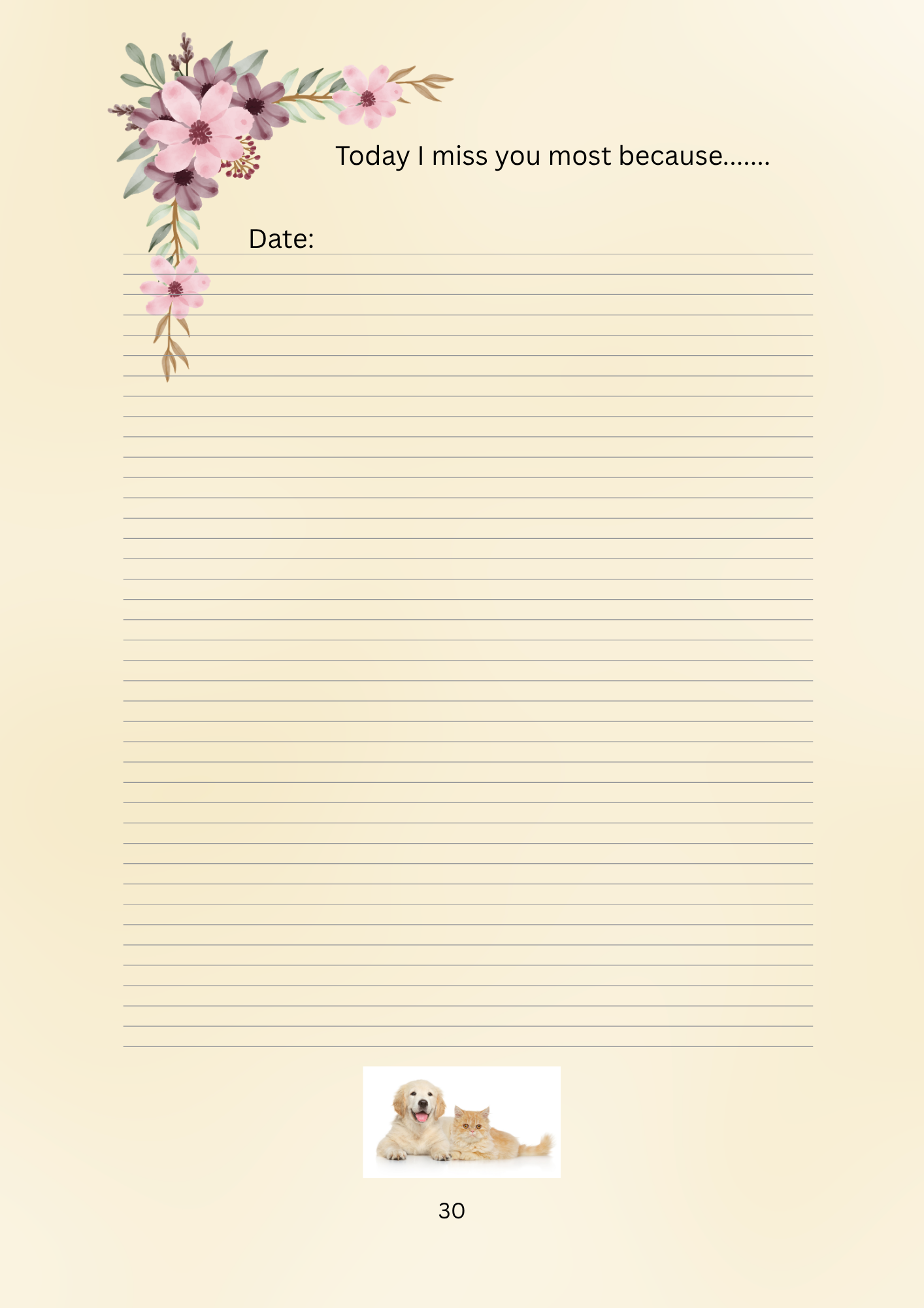 Notebook page with floral design, text, and a small image of a dog and cat.