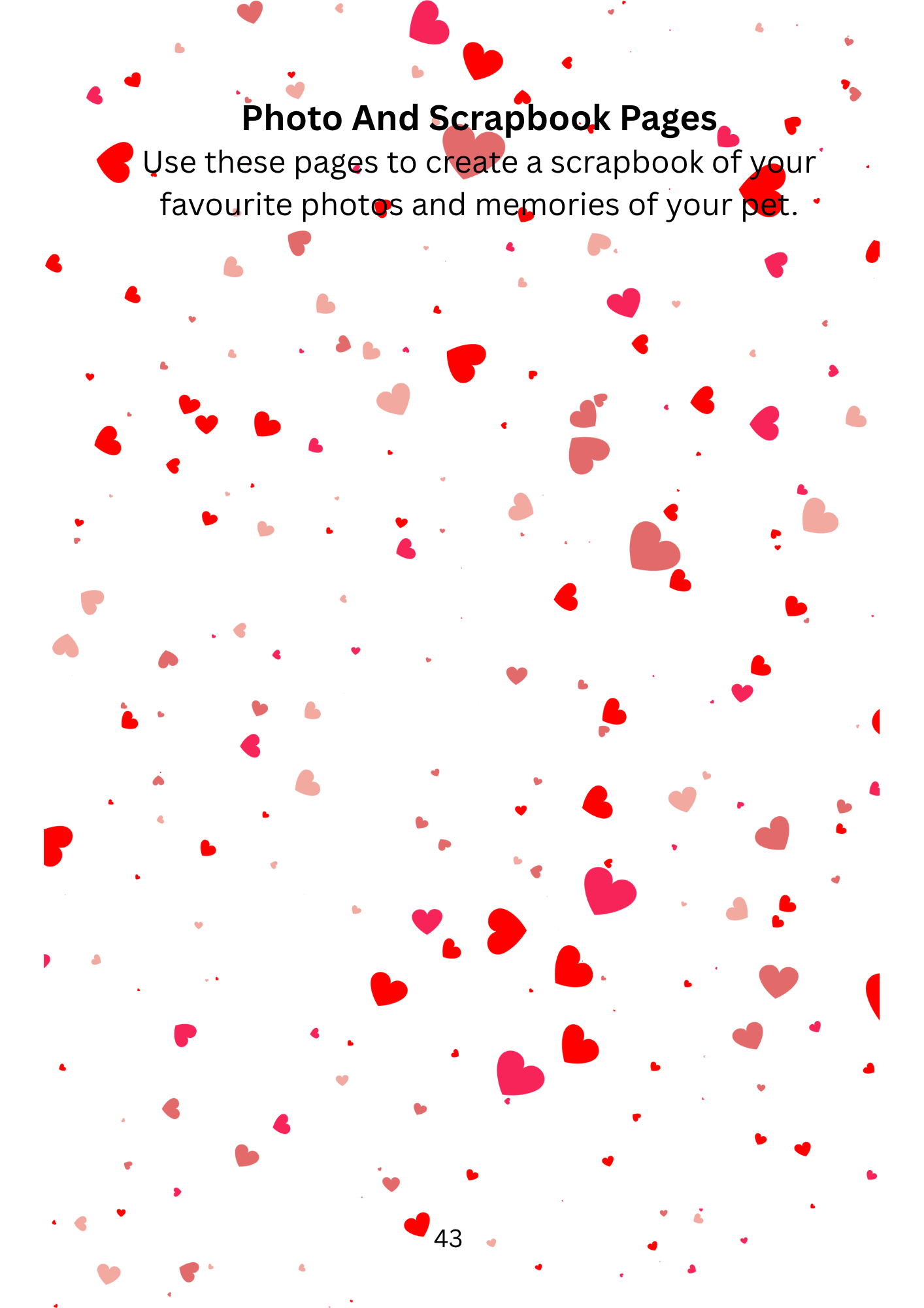 Scrapbook page with red and pink hearts on a white background