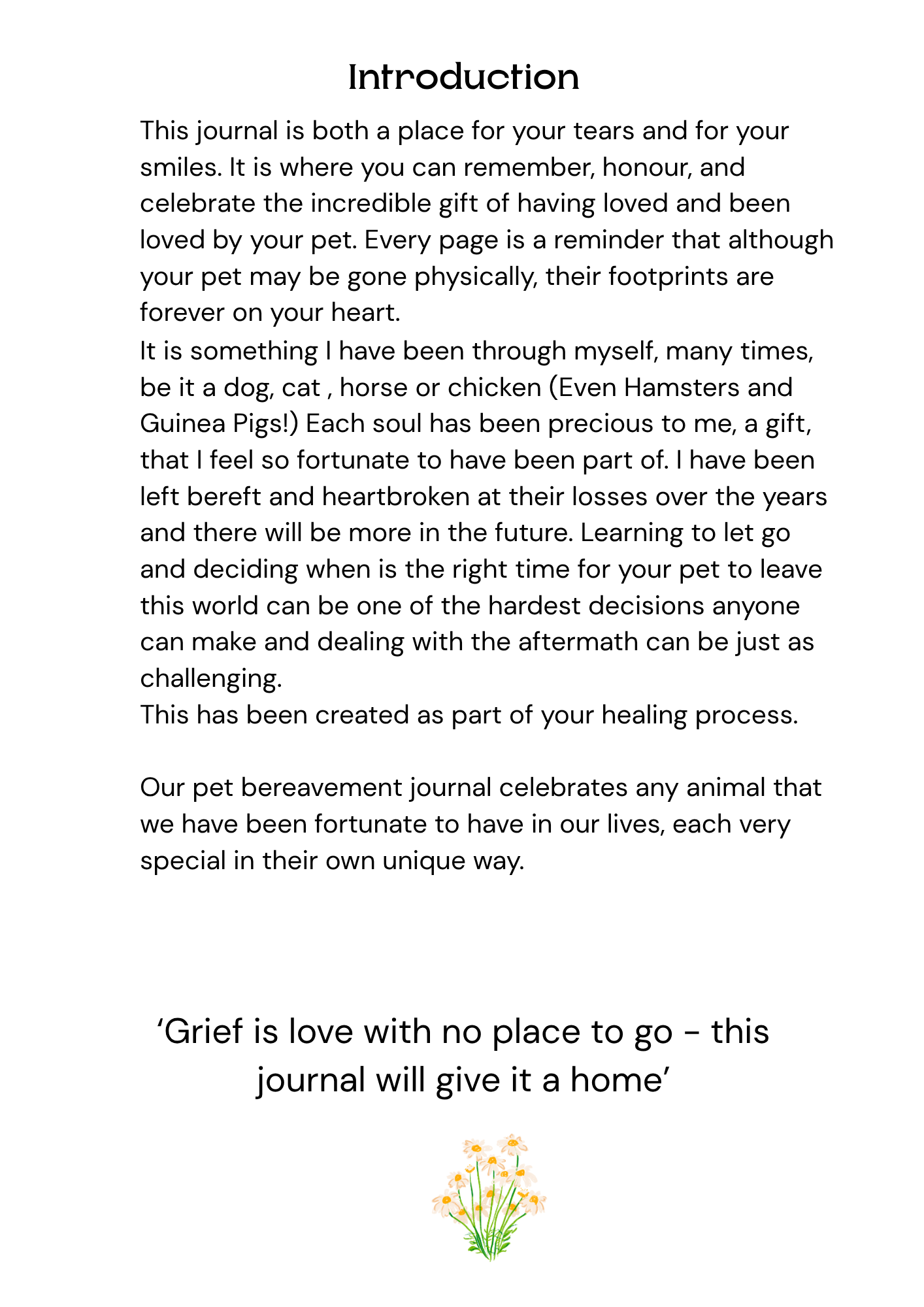 Text introduction page of a pet bereavement journal on a white background