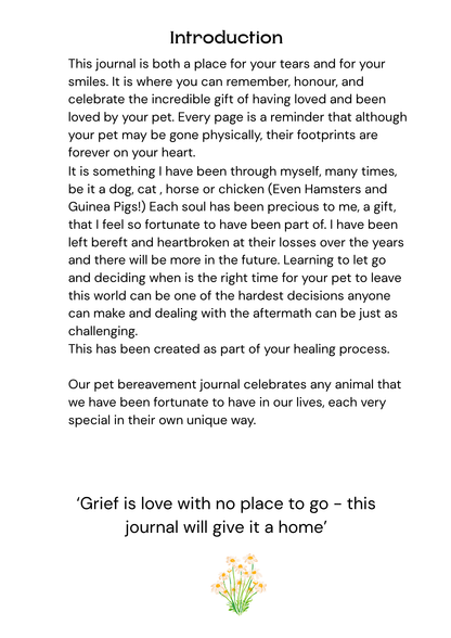 Text introduction page of a pet bereavement journal on a white background