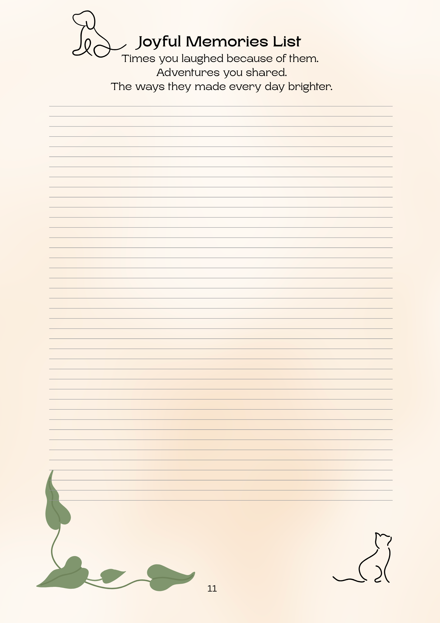 Notebook page with 'Joyful Memories List' text and a cat illustration on a beige background.
