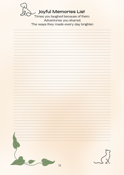 Notebook page with 'Joyful Memories List' text and a cat illustration on a beige background.