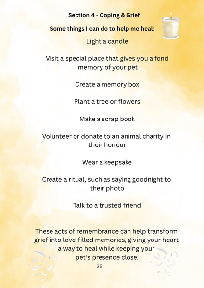 List of coping strategies for dealing with grief and loss of a pet, including lighting a candle and creating a memory box.