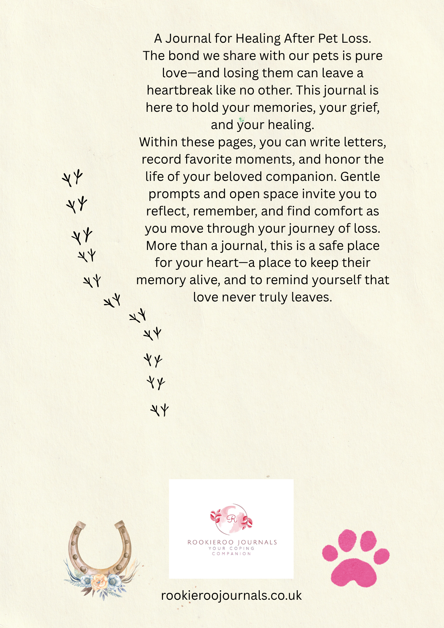 Back cover for healing after pet loss with text and branding on a beige background, Horseshoe and pink paw print at the bottom.