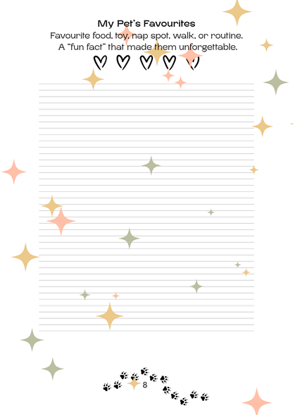 Sheet of paper with lined notebook pages, decorative stars, and text about a pet's favorites.