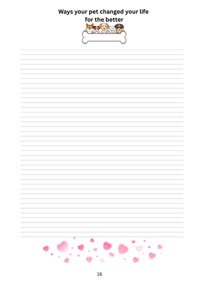 Blank lined paper with text 'Ways your pet changed your life for the better' and heart designs at the bottom.