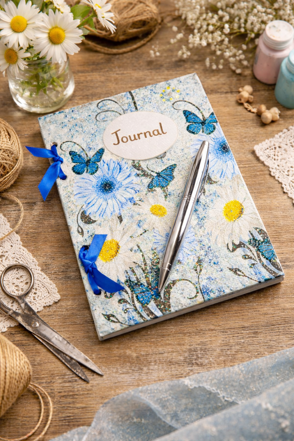 Journal with blue floral butterfly design on a wooden surface with a pen and decorative items.