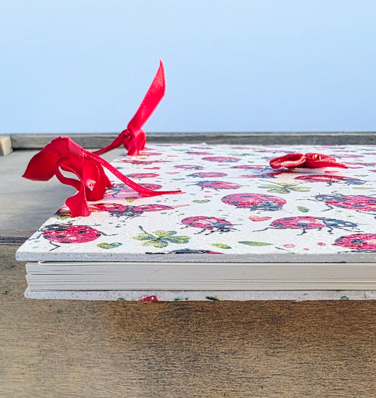 ladybird themed notebook with red ribbon detailing on a wooden surface