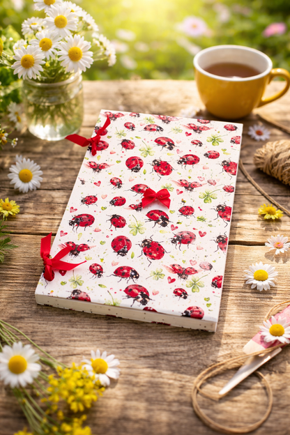 Notebook with ladybug and bow pattern on a wooden table with flowers and a cup of tea.