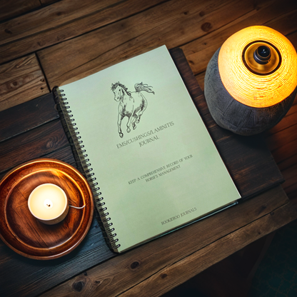 Notebook titled 'EMS/Cushing's/Laminitis Journal' on a wooden surface with a lit candle and lamp.