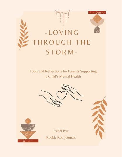 Book cover of 'Loving Through the Storm' with decorative elements and text.