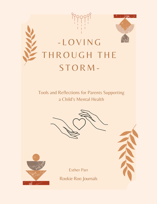 Book cover of 'Loving Through the Storm' with decorative elements and text.