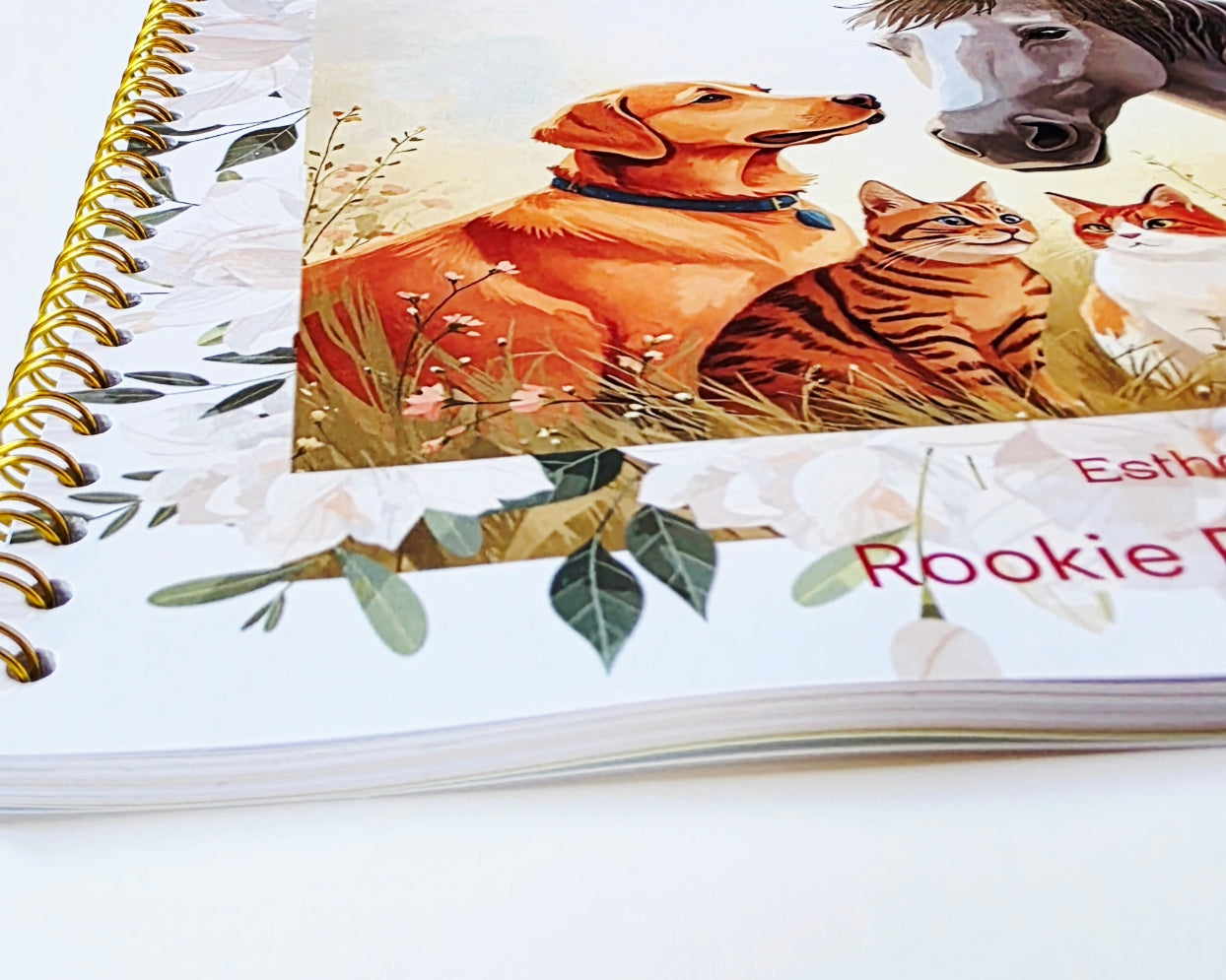 gold wire bound journal with image of a cat and dog and horse with on a white background