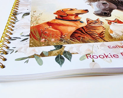 gold wire bound journal with image of a cat and dog and horse with on a white background