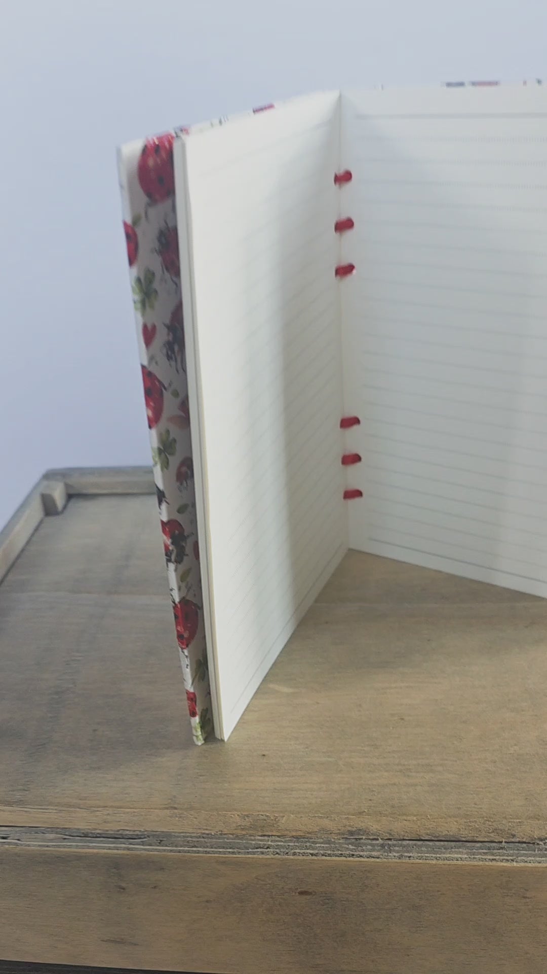 video of a ladybird themed notebook, showing inside lined pages and bound with red ribbon