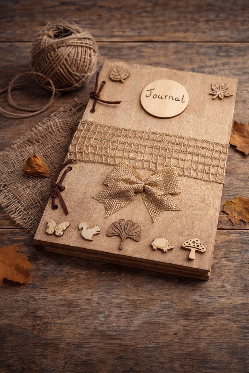 wooden Journal with decorative woodland elements on a wooden surface
