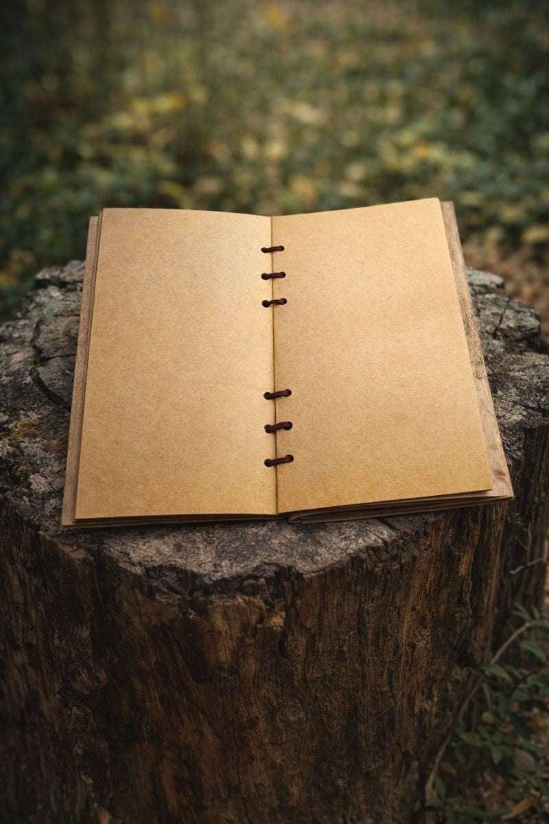 Open wooden notebook on a tree stump with a natural background. Plain beige pages
