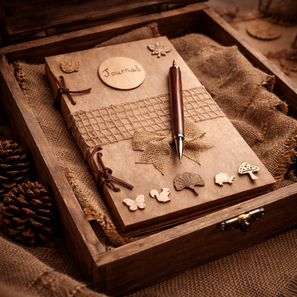 Journal with decorative woodland elements and a burlap mesh across the middle.  inside a wooden box on a textured surface.