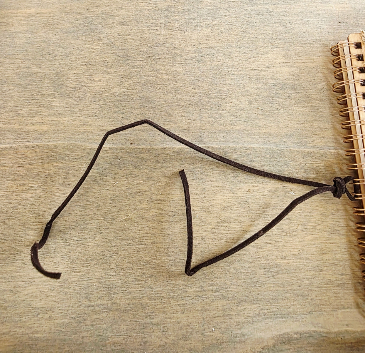 dark brown suede cord attached to the side of a spiral bound notebook