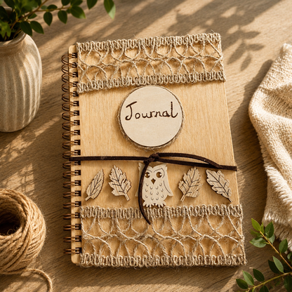 Wooden journal with decorative woodland elements and burlap design top and bottom. Dark brown faux suede tie. Round journal sign on the front. Spiral bound